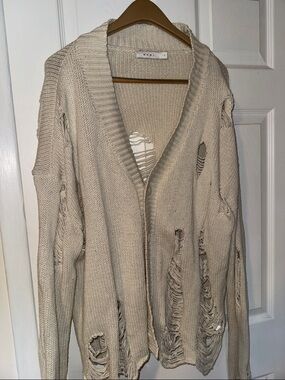 MNML Cream Distressed Open-Front Cardigan